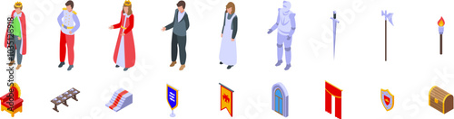 Castle hall room icons set. This is a set of medieval characters and ancient kingdom attributes with king and queen isometric icons