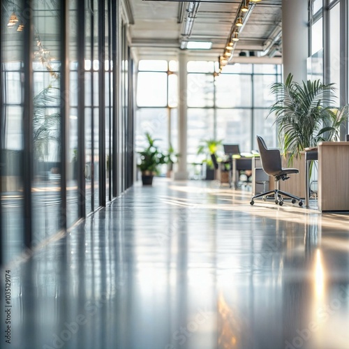 blurred background of a very bright office or co working with large windows to the big city and plants inside