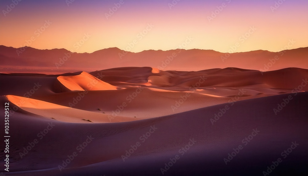 Naklejka premium Golden Sand Dunes at Sunset. Serene Desert Landscape with Rolling Shadows, Soft Light, and Distant Horizon, Ideal for Travel Posters, Background Textures, Website Banners with Ample Copy Space