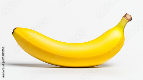 Single ripe yellow banana on white background with copy space photo