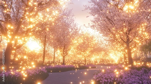 Magical Forest with Golden Lights and Blooming Trees