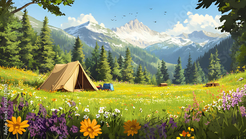 Grassland and tents under the snow-capped mountains
