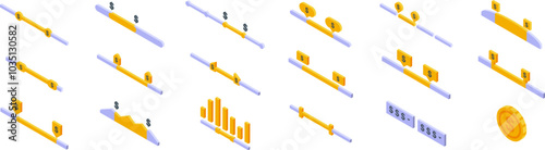 Price range icons set. Set of different isometric transaction progress bar icons for apps and websites