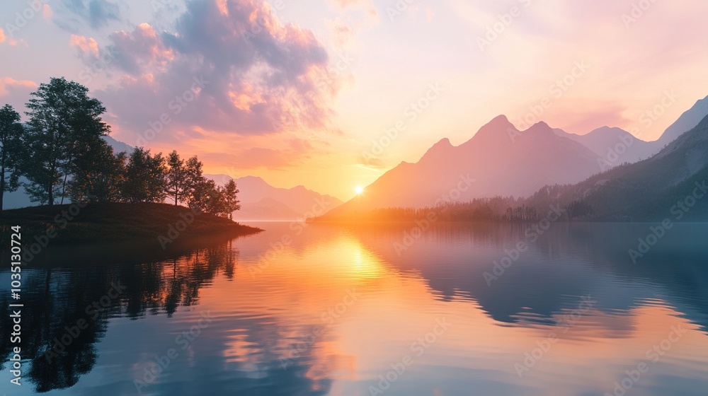 Fototapeta premium Serene Landscape at Sunset with Mountain Reflections