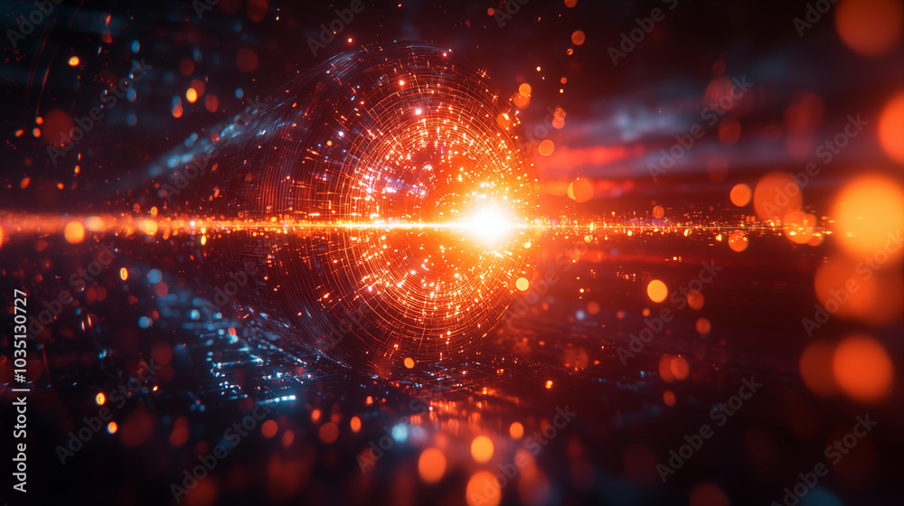 Abstract digital visualization of energy burst, orange and blue light particles Abstract digital visualization of energy burst, orange and blue light particles
