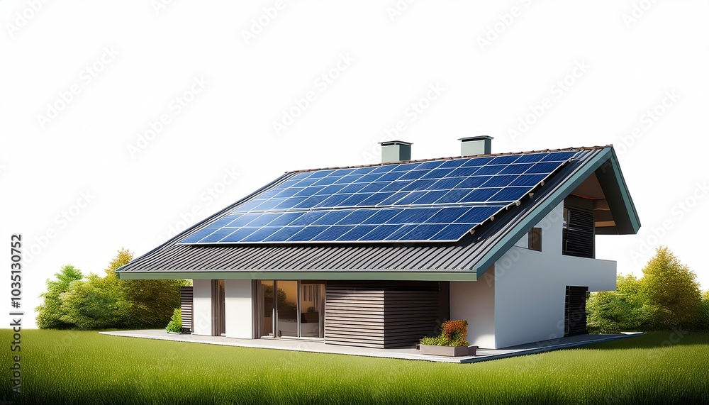 A modern house featuring a solar panel roof, surrounded by green grass, emphasizing sustainable energy and eco-friendly design. A modern house featuring a solar panel roof, surrounded by green grass, emphasizing sustainable energy and eco-friendly design.