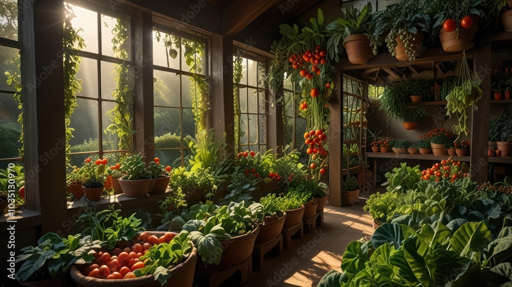 Fototapeta premium Sunbeams illuminate a greenhouse filled with various plants and red tomatoes.