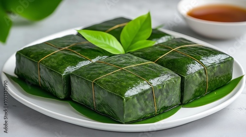 Vietnamese 'Banh Chung' for Lunar New Year, square sticky rice cake wrapped in leaves, served on a white plate photo