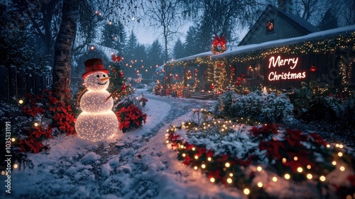 Colorful Merry Christmas Winter Scene with Snowman photo