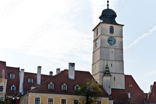 Council Tower of Sibiu, Romania. It's a prominent landmark known for its imposing height, distinctive architecture, and historical significance. photo