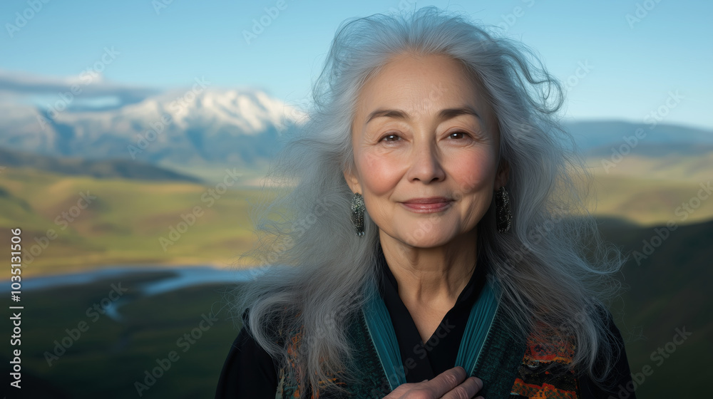 Serene older woman against a stunning mountain backdrop Serene older woman against a stunning mountain backdrop
