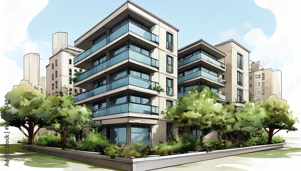 A modern apartment complex featuring large glass windows, greenery, and contemporary architecture set against a clear sky. A modern apartment complex featuring large glass windows, greenery, and contemporary architecture set against a clear sky.