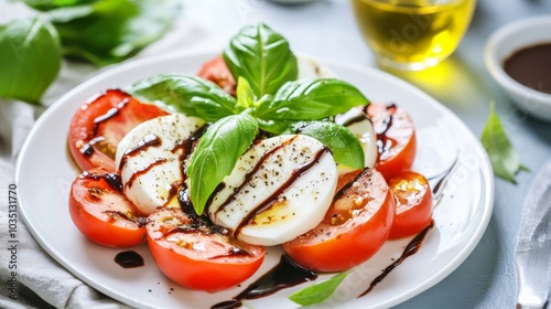 A classic Caprese salad with fresh mozzarella, ripe tomatoes, and basil leaves