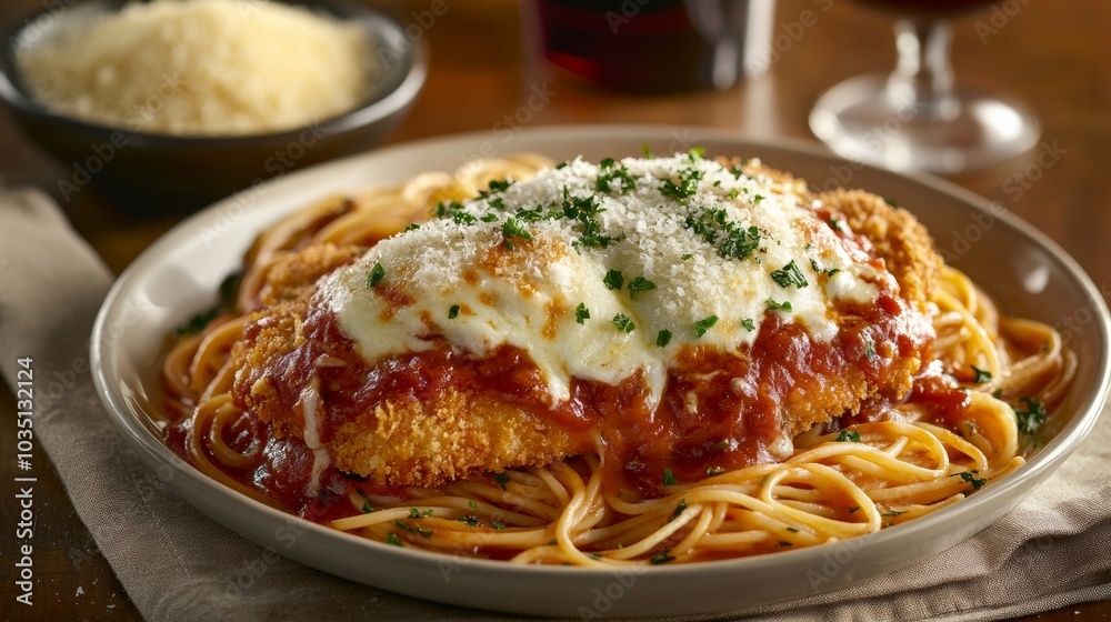 A classic chicken parmigiana with a crispy breaded chicken breast, marinara sauce, and melted mozzarella A classic chicken parmigiana with a crispy breaded chicken breast, marinara sauce, and melted mozzarella
