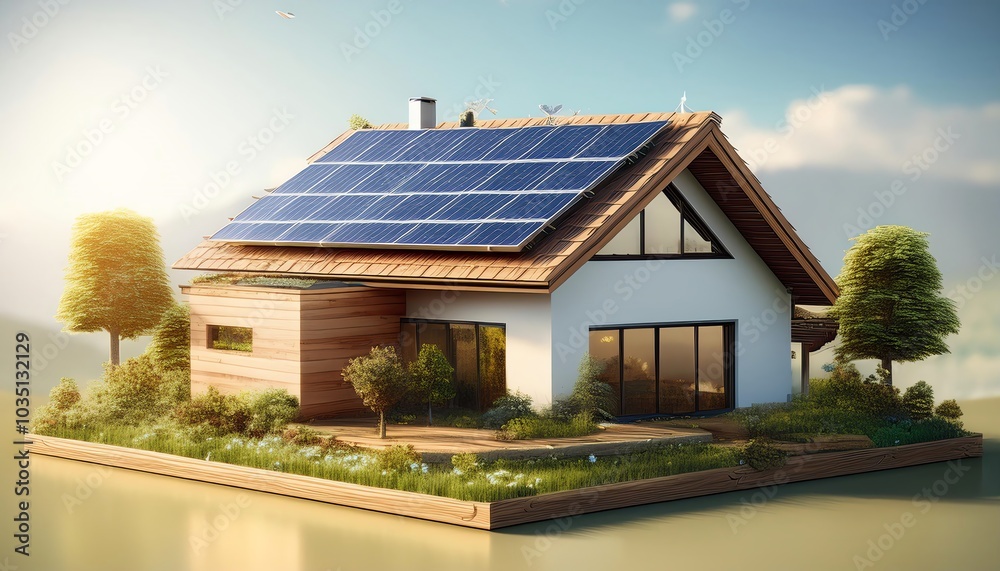 A modern, eco-friendly house with solar panels, surrounded by nature, reflecting sustainability and innovation in architecture. A modern, eco-friendly house with solar panels, surrounded by nature, reflecting sustainability and innovation in architecture.