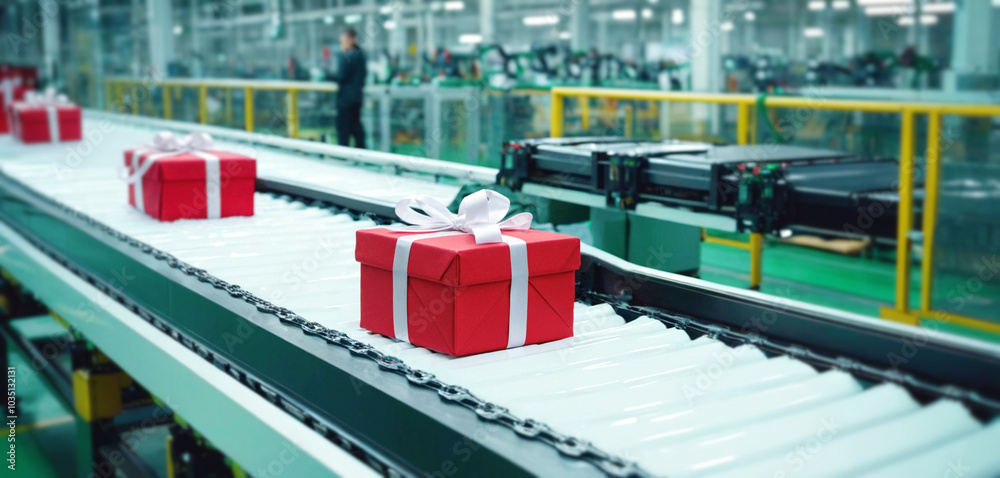 Naklejka premium Gifts on conveyor belt, in warehouse or production hall or logistics center, Christmas gift production, red gifts white and silver bow, industry and Christmas shop