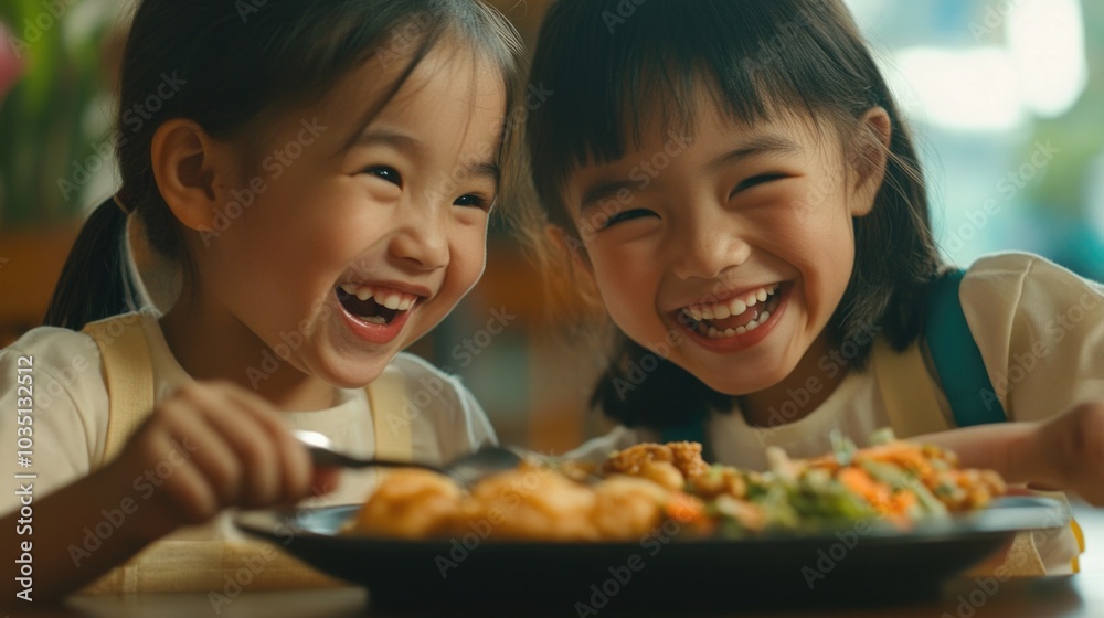 Two Girls Sharing a Meal, Laughing and Enjoying Each Other's Company Two Girls Sharing a Meal, Laughing and Enjoying Each Other's Company
