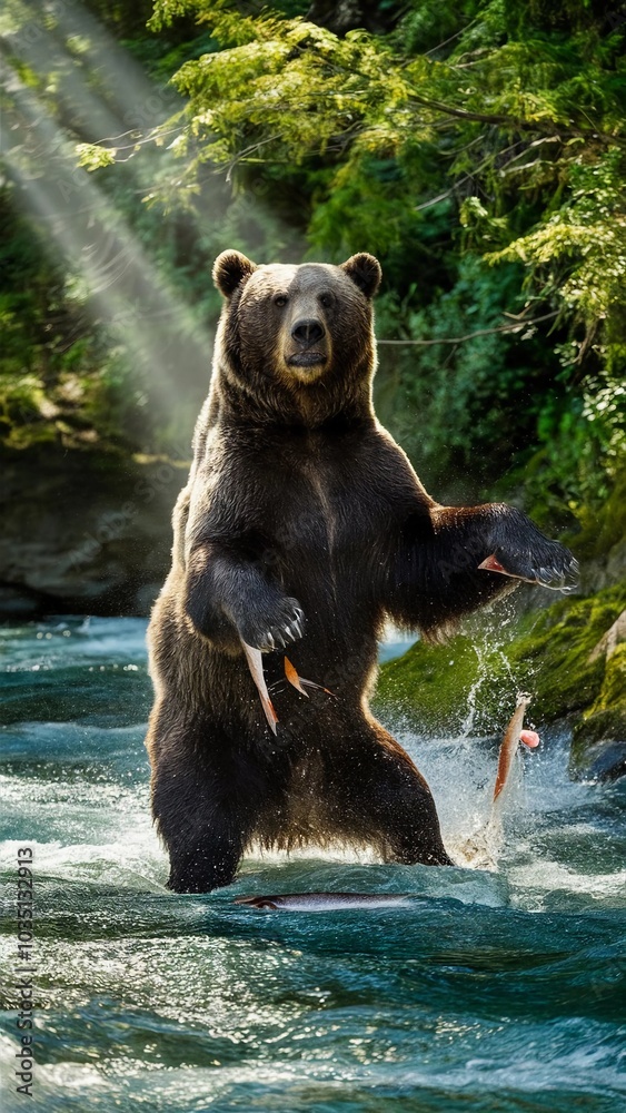 Fototapeta premium wildlife grizzly bear salmon river nature forest fishing hunting predator powerful 