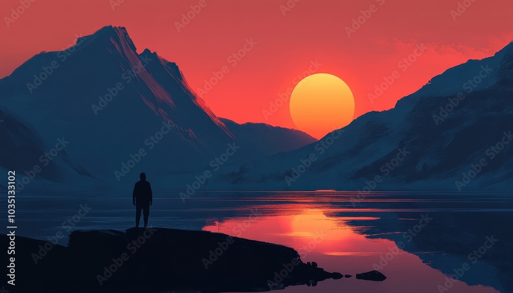 Silhouetted figure stands by a lake, gazing at a fiery sunset over the mountains. Silhouetted figure stands by a lake, gazing at a fiery sunset over the mountains.