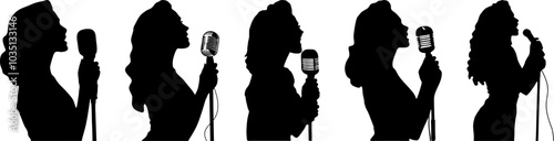 set of silhouette woman singer on transparent background