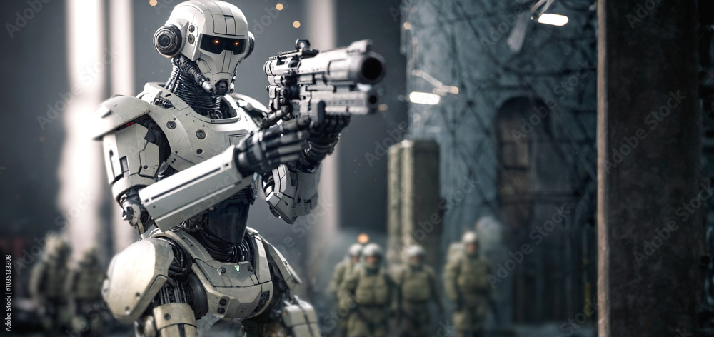 a humanoid android robot with AI, artificial intelligence is united as a soldier of a special unit or soldier in war, holding and pointing a weapon aggressively attacking forward a humanoid android robot with AI, artificial intelligence is united as a soldier of a special unit or soldier in war, holding and pointing a weapon aggressively attacking forward