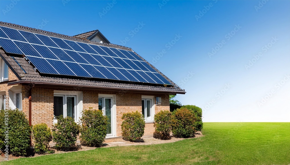 A modern home featuring solar panels on the roof, surrounded by greenery and a clear blue sky, highlighting a sustainable energy solution. A modern home featuring solar panels on the roof, surrounded by greenery and a clear blue sky, highlighting a sustainable energy solution.