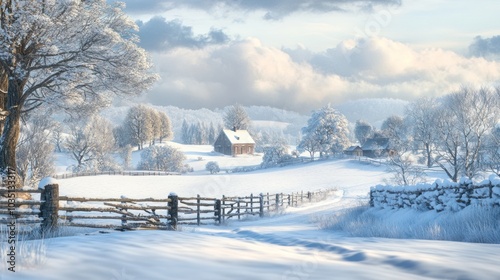 A Snowy Winter Scene with a Cabin and a Wooden Fence