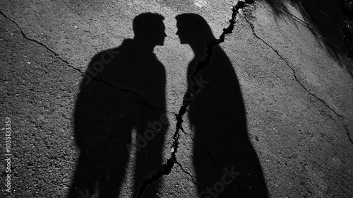 Silhouettes of a couple facing each other against a cracked surface, capturing a moment of intimacy and reflection in black and white.