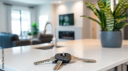 Keys on Modern Kitchen Counter, Plant, Living Room, Light and Bright Decor