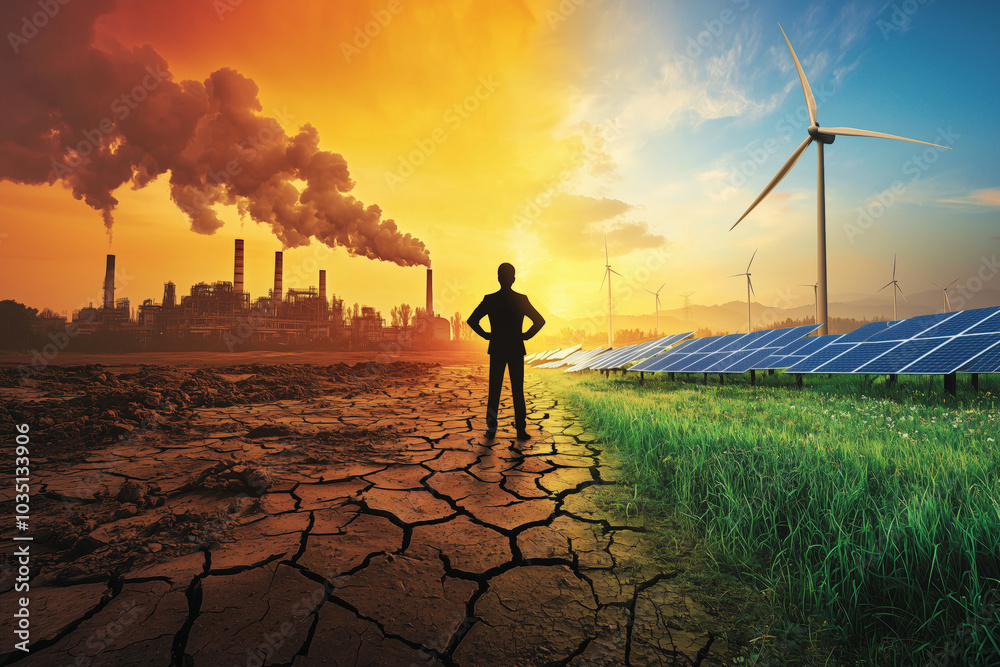 Fototapeta premium person standing between the polluted ground of an industrial landscape and a lush, green field with solar panels and wind turbines, symbolizing the contrast between pollution and sustainability