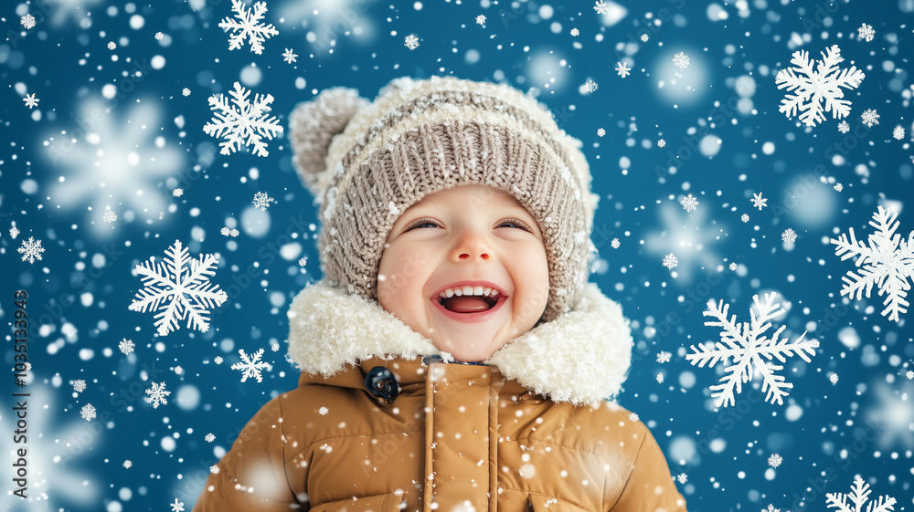 Smiling child in a cozy winter hat and coat, enjoying snowfall with snowflakes in the air, capturing the joy of wintertime and play under a bright, clear sky Smiling child in a cozy winter hat and coat, enjoying snowfall with snowflakes in the air, capturing the joy of wintertime and play under a bright, clear sky