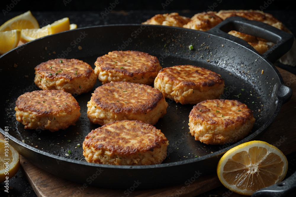 Chicken patties fried in a pan