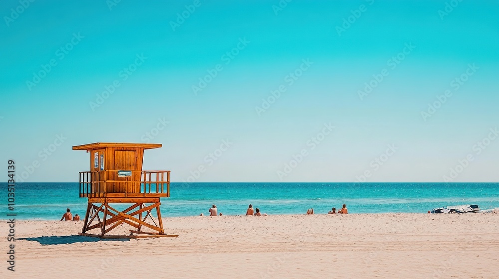 Bright Beach with Lifeguard Tower and Calm Ocean View Bright Beach with Lifeguard Tower and Calm Ocean View