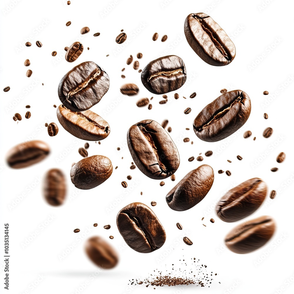 Flying coffee beans captured in motion on a white background. AI generated image Flying coffee beans captured in motion on a white background. AI generated image