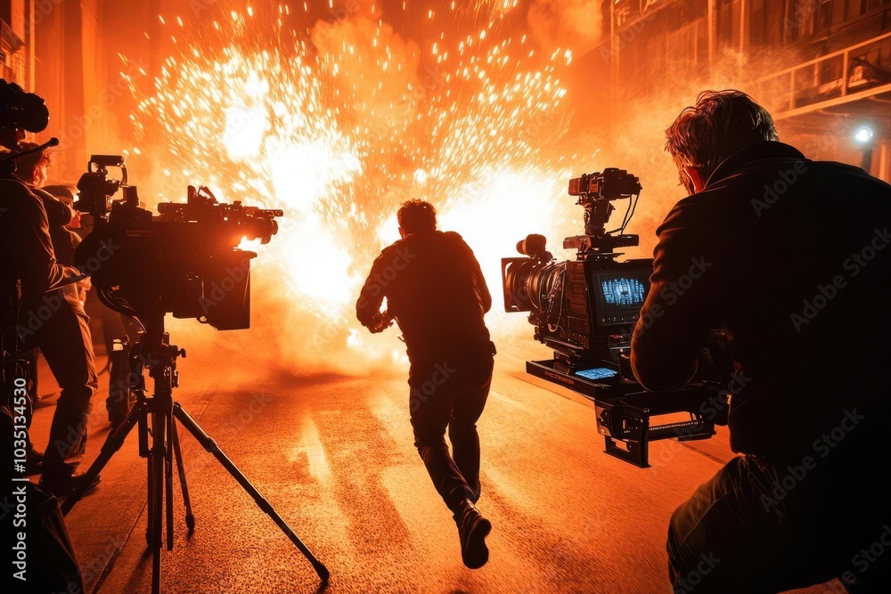 Object Chase Scene Actors filming a chase scene for a movie, bright lighting and action on ...