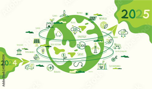 2025 New year, Eco friendly, Sustainability planning concept with globe and World environmental green doodle icons drawing set on white background ,Vector illustration