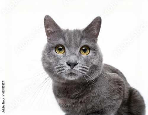 Sweet young adult solid blue British Shorthair cat kitten laying down front view, looking at camera with orange eyes and one paw hanging over edge, isolated on white background