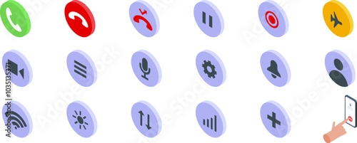 End call icons set. Hand is using a smartphone with a variety of app buttons in an isometric view