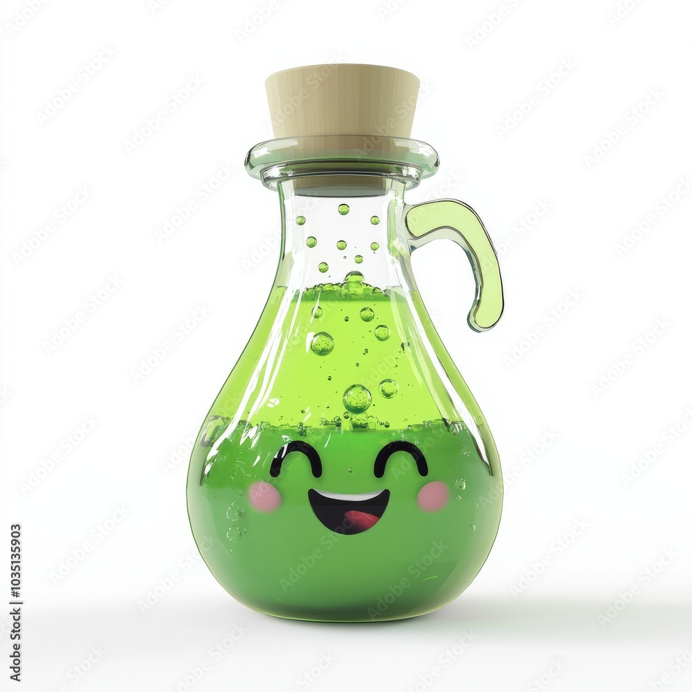 3D Render, Low Poly style of a bubbly potion bottle with a happy face and bubbling green liquid