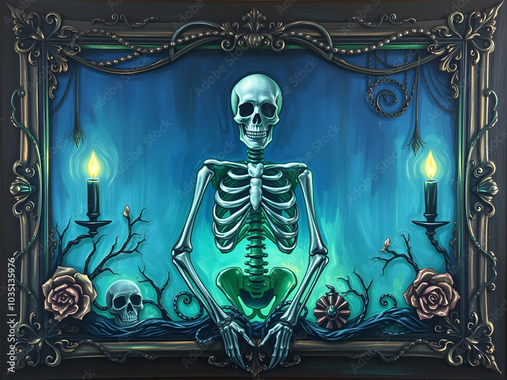 Fototapeta premium Skeleton in a Frame: A skeletal figure sits amidst a haunting, ethereal landscape, illuminated by flickering candles and framed by ornate, gothic details. The image evokes a sense of mystery, beauty.