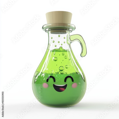 3D Render, Low Poly style of a bubbly potion bottle with a happy face and bubbling green liquid