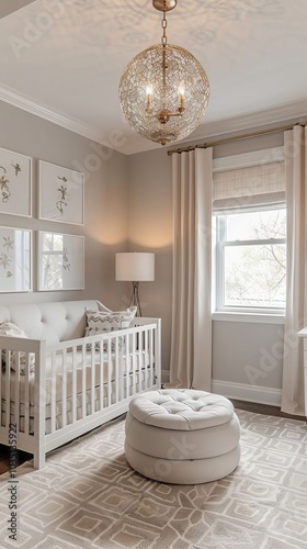 Modern Nursery Interior Design with Crib Ottoman and Geometric Rug