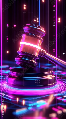 Gavel of Justice Neon Lights Cyber Law Concept photo