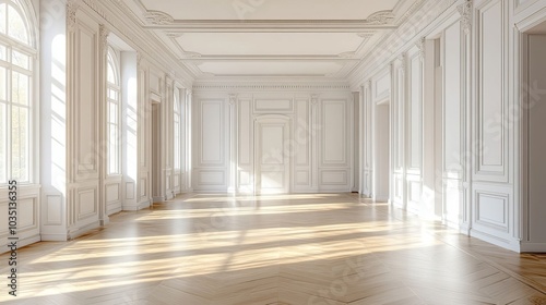 Sunlit Elegant White Room Interior With Hardwood Floor And Wall Paneling