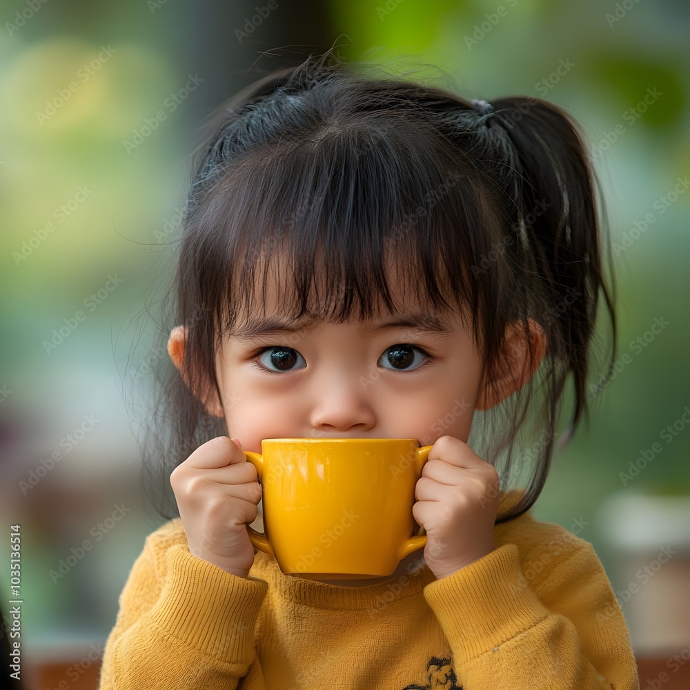 Adorable Little Girl Drinking from Yellow Mug Cute Child Portrait Adorable Little Girl Drinking from Yellow Mug Cute Child Portrait