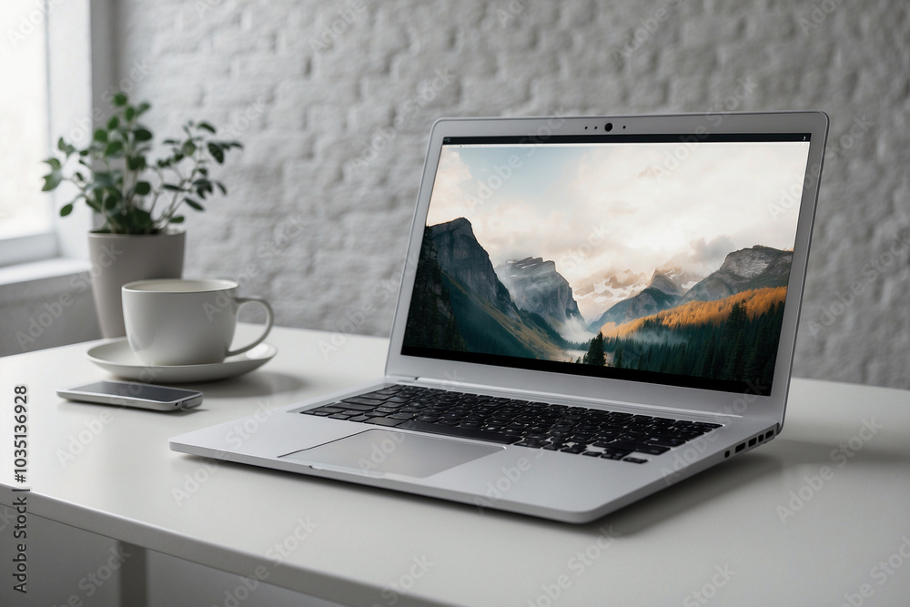 White laptop on white table in white workspace White laptop on white table in white workspace