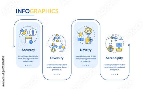 Recommender systems statistics rectangle infographic vector. Efficiency metrics. User privacy. Data visualization with 4 steps. Editable rectangular options chart. Lato-Bold, Regular fonts used