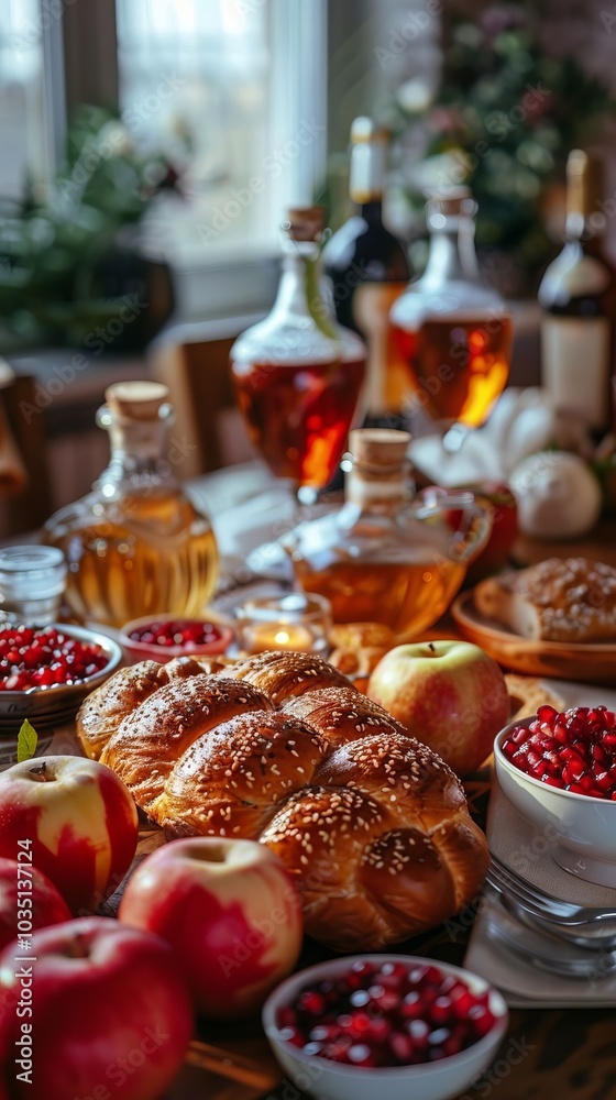 Challah Bread Apples and Pomegranate Seeds on a Table Setting Challah Bread Apples and Pomegranate Seeds on a Table Setting