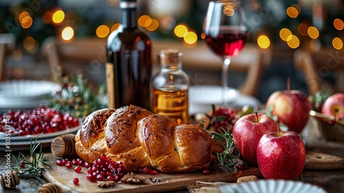 Festive Holiday Table Setting with Challah Apples Pomegranates Wine Rosemary photo