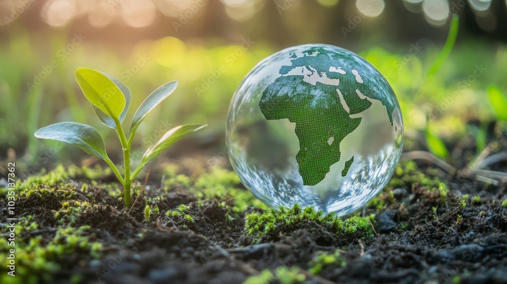 Glass globe with Africa, small plant, nature, sunlight, ecological concept, environmental awareness, green earth, growth, ecosystem Glass globe with Africa, small plant, nature, sunlight, ecological concept, environmental awareness, green earth, growth, ecosystem